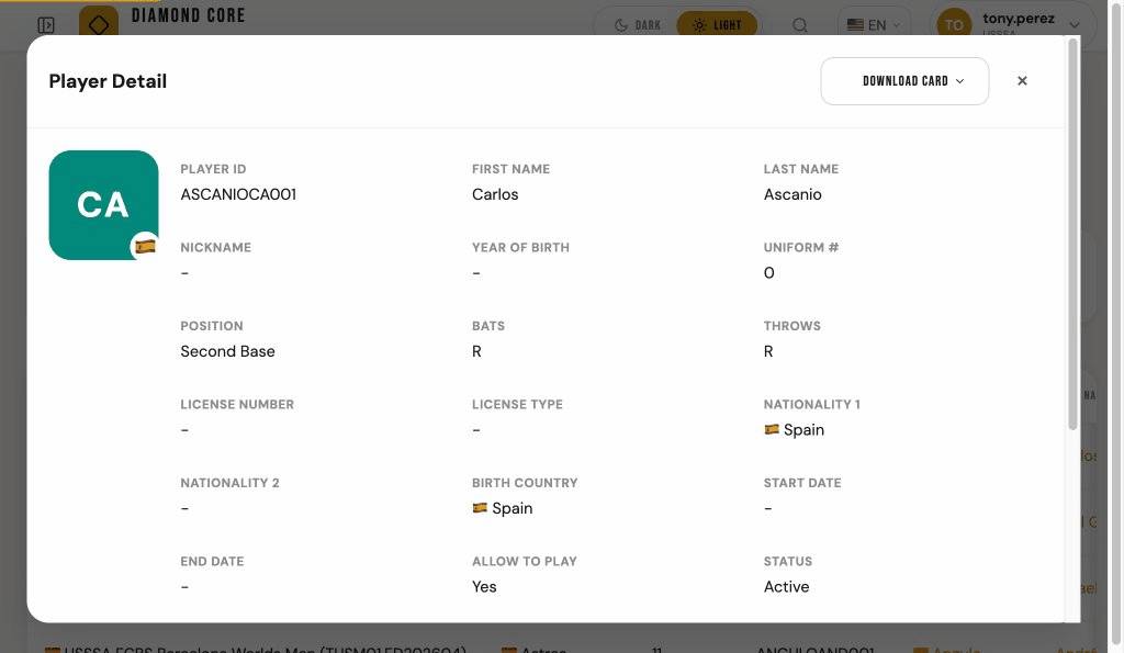 Player detail card with biographical information